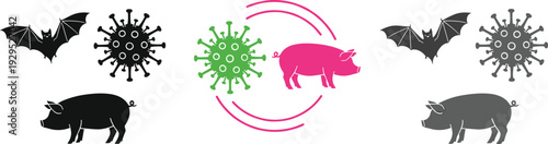 Zoonotic Virus Transmission Vector Illustration with Bat, Pig, and Pathogen Icons for Pandemic Origin, Animal to Human Infection Concept Design.