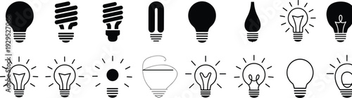Light bulb icon set featuring various lamp shapes in black silhouette and outline styles representing idea, innovation, energy and electricity concepts vector collection.