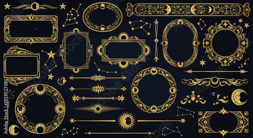 Vintage Gold Astrology Frames and Dividers on Black Background.