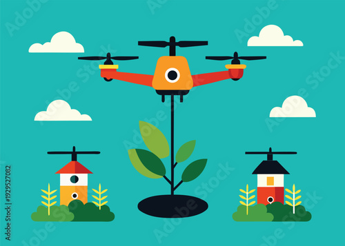 An orange agricultural drone flying above a growing plant, with smaller structures and clouds in a farm setting.