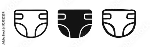 Baby Diaper Icons Set. Outline, Solid, and Doodle Styles. Infant Care and Hygiene Symbol Vector Illustration.
