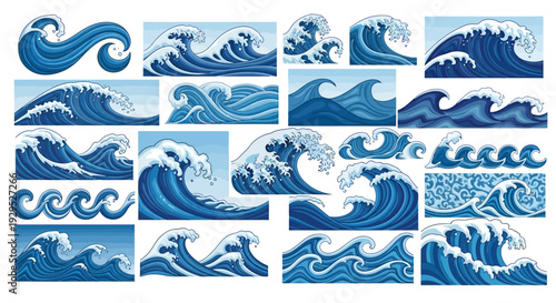 Collection of blue ocean wave illustrations in various styles.