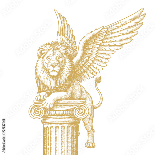 winged lion antique statue on classical column, heraldic mythological creature golden Illustration in vintage stippling style