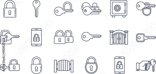 A collection of various lock and key silhouettes for security and access concepts