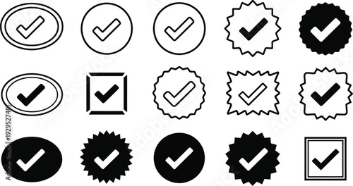 Collection of checkmark icons in various shapes and styles silhouette