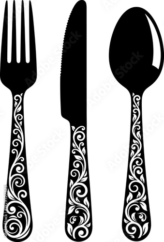 A set of three black silhouetted utensils with ornate white handles, including a fork, knife, and spoon, against a plain white background, ideal for culinary or table setting themes.