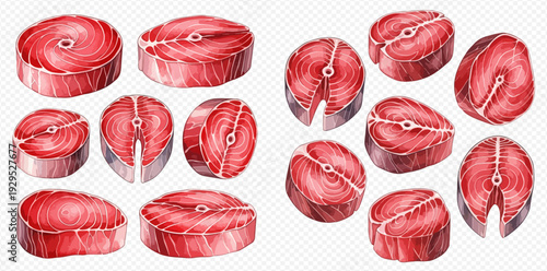 Set of fresh raw tuna fish steaks and fillets, red meat seafood for cooking, healthy eating, and gourmet cuisine.
