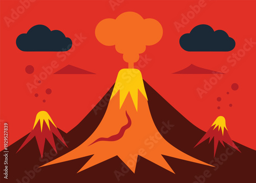 An active volcanic field displaying a large erupting central volcano and two smaller ones under a reddish sky.
