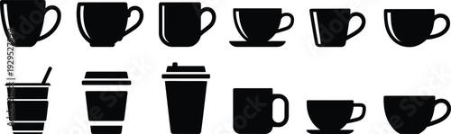 Coffee cup silhouette icon set featuring mugs, espresso cups, takeaway containers, and cafe drink symbols isolated on white background for beverage branding design.