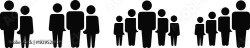 Black family silhouette icon set showing parents and children in various group formations isolated on white background, ideal for social concepts, community design, and demographic graphics.