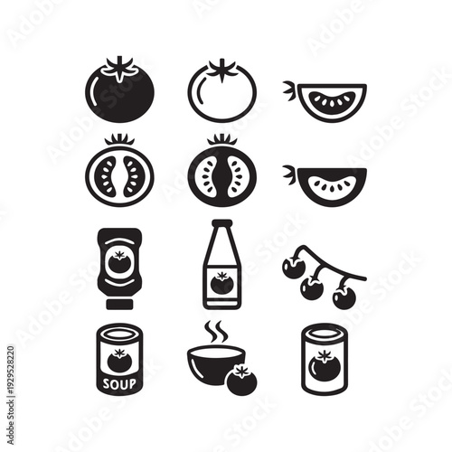 Tomato, ketchup, tomato soup icons set
