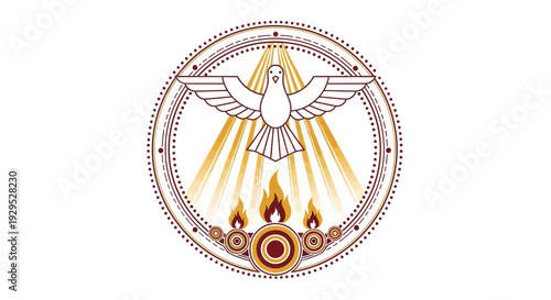 Symbol of the Holy Spirit, Dove, Flames, and Rays of Light in a Circular Emblem