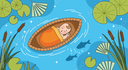 Peaceful Baby Sleeping Safely in Boat on Calm Lake Surrounded by Nature and Wildlife