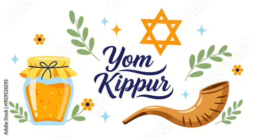 Yom Kippur Symbols: Jar of Honey, Shofar, Star of David, and Floral Accents