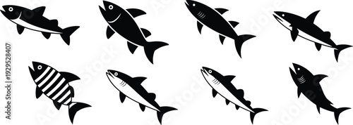 Black fish silhouette set featuring various marine species icons isolated on white background, perfect for seafood branding, fishing logos, nautical design, and aquatic graphics.