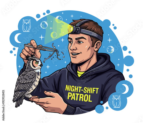 Man in night shift patrol hoodie holds owl with flashlight on head