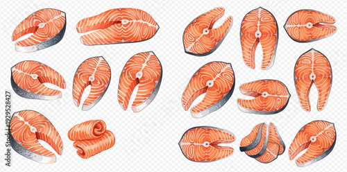Fresh raw salmon steaks and fillets set on a transparent background, ready for cooking.