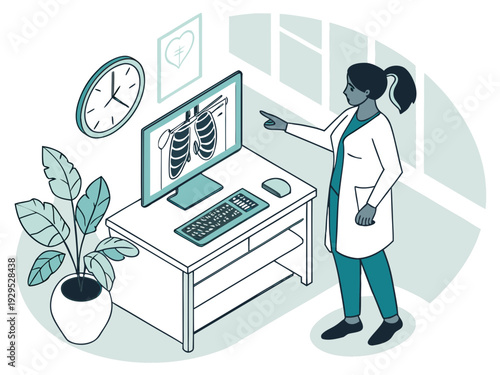 Cartoon vector illustration of a businessman or office worker sitting at a desk while working on a laptop computer in a professional job room
