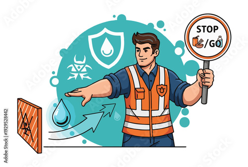 Cartoon man in safety vest holding stop sign and controlling water flow