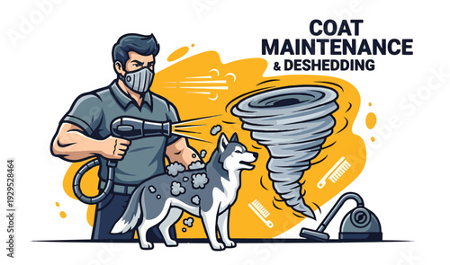 Professional dog groomer using deshedding tool on husky