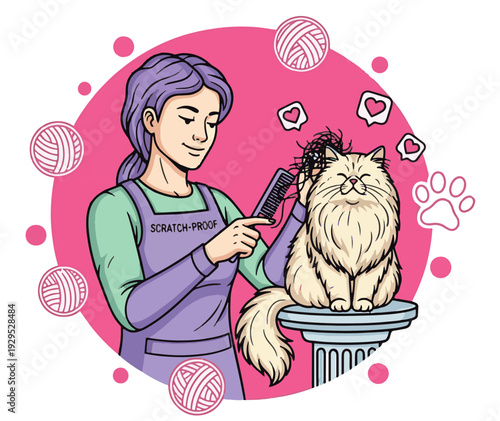 Friendly pet groomer brushing a fluffy cat in a modern salon
