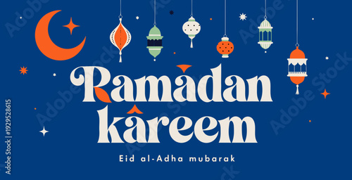 Ramadan kareem or eid al-adha mubarak crescent moon and star for islamic greeting background, night sky with shining lanterns celebration .vector icons eid 