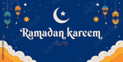 Ramadan kareem or eid al-adha mubarak crescent moon and star for islamic greeting background, night sky with shining lanterns celebration .vector icons eid 