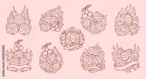 Collection of ornate red emblems with floral and flame designs.