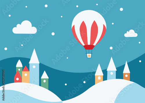 A red and white hot air balloon flies over a whimsical winter village with snow-covered hills and castle-like houses under a blue sky.