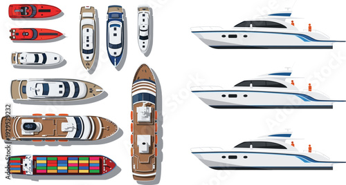 Luxury Yacht and Motorboat Top View Vector Set with Speedboats and Cargo Vessel for Marine Travel, Nautical Transport, and Summer Recreation Design.