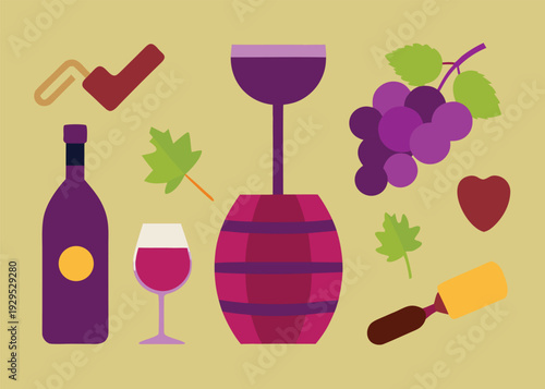 A set of winemaking elements includes a purple bottle, wine glass, barrel, grapes, leaves, a corkscrew, and a heart on a light background.