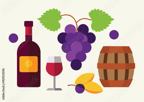 An arrangement of winemaking elements features a dark red wine bottle, a glass, a bunch of grapes, and a wooden barrel on a cream background.