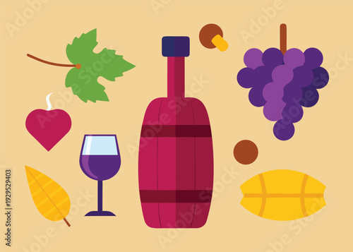Various winemaking items are grouped together, including a barrel-shaped bottle, a wine glass, grapes, and leaves on a light brown background.