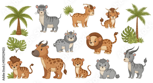 Collection of cartoon wild animals and tropical plants.