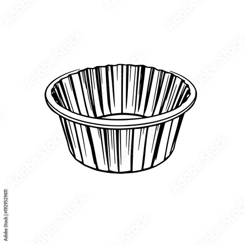 Black line art drawing of a sleek metal muffin tin with interior cavity label slots, featuring clean white background for product photography