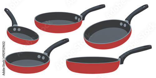 A collection of frying pans in various colors and sizes on a white background isolated on transparent background