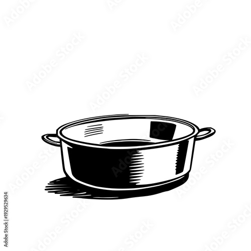 Minimalist Black Line Art Illustration of a Metal Roasting Pan on a Clean White Background, Ideal for Kitchenware Concepts