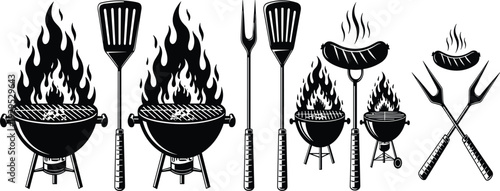 Barbecue Grill and BBQ Tools Silhouette Vector Set with Spatula, Fork, Sausage, and Fire for Outdoor Cooking and Summer Party Design.