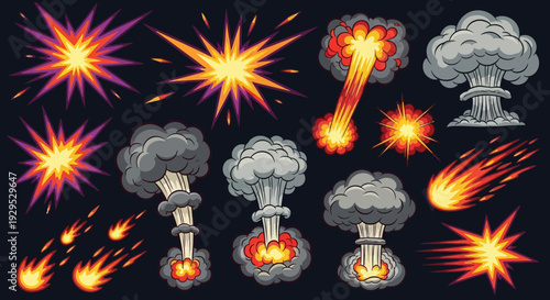 Explosion and Bomb Icons Set Against Black Background.