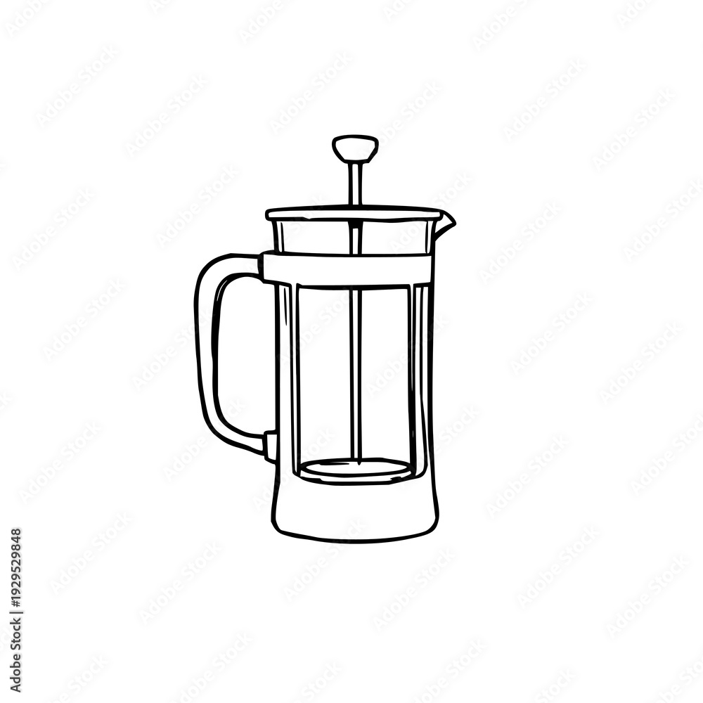 Obraz premium Black line art illustration of a glass French press coffee maker on a white background for modern coffee shop branding and beverage industry