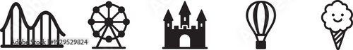 Amusement park icon set with ferris wheel, roller coaster, carousel and funfair symbols.