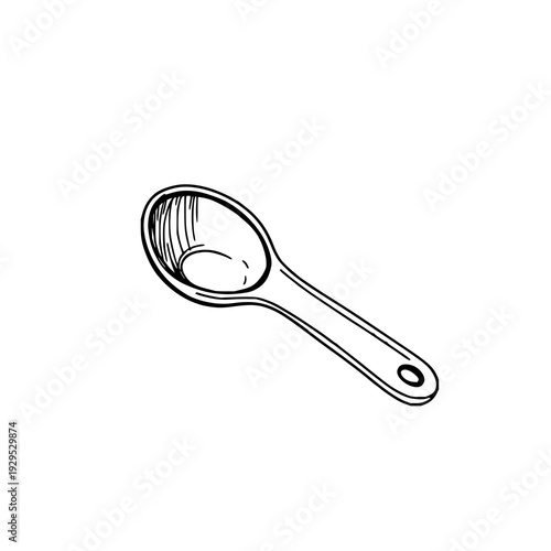 Minimalist black line art drawing of a plastic measuring spoon, isolated on a clean white background, perfect for kitchen designs and recipes