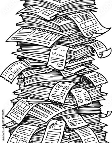 A detailed black and white doodle drawing of a large messy stack of paper documents and receipts representing bureaucracy or overwhelming administrative tasks suitable for business finance