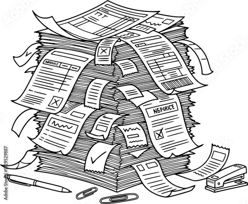 A detailed black and white doodle drawing of a large messy stack of paper documents and receipts representing bureaucracy or overwhelming administrative tasks suitable for business finance