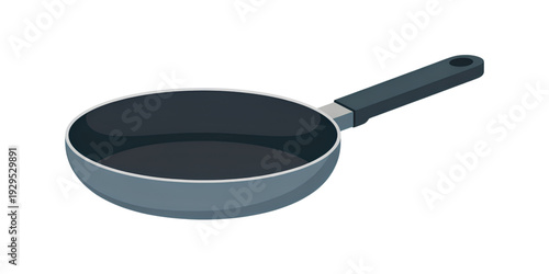 A black frying pan with a dark handle resting on a white background isolated on transparent background