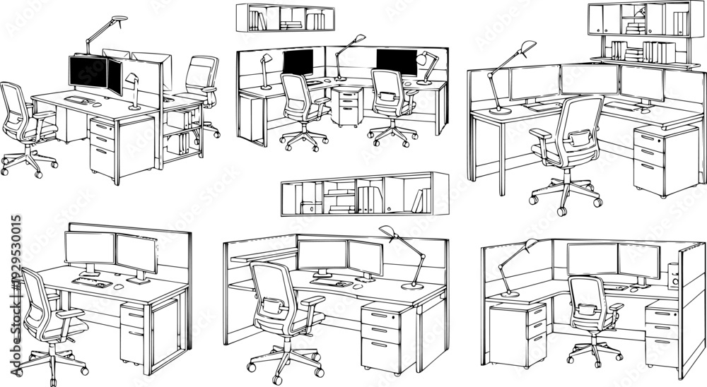 Naklejka premium Comprehensive collection of modern office workstations showcasing various computer desk setups with ergonomic chairs, task lamps, and efficient storage solutions