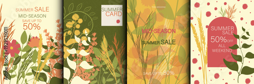 Summer  Sale background, banner, flyer. Posters card frame typography design with flowers and plants. Set Template for advertising, web, social media, web