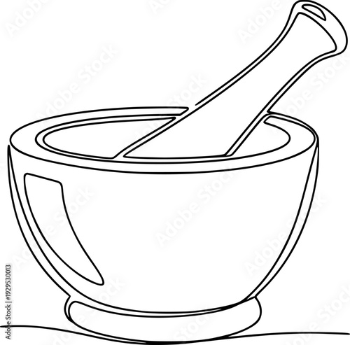 Simple continuous line drawing of a mortar and pestle symbolizing traditional medicine and culinary preparation