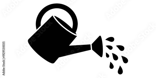 A black and white illustration of a watering can pouring water onto a plant. isolated on transparent background