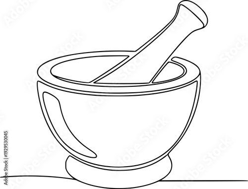 Simple continuous line drawing of a mortar and pestle symbolizing traditional medicine and culinary preparation